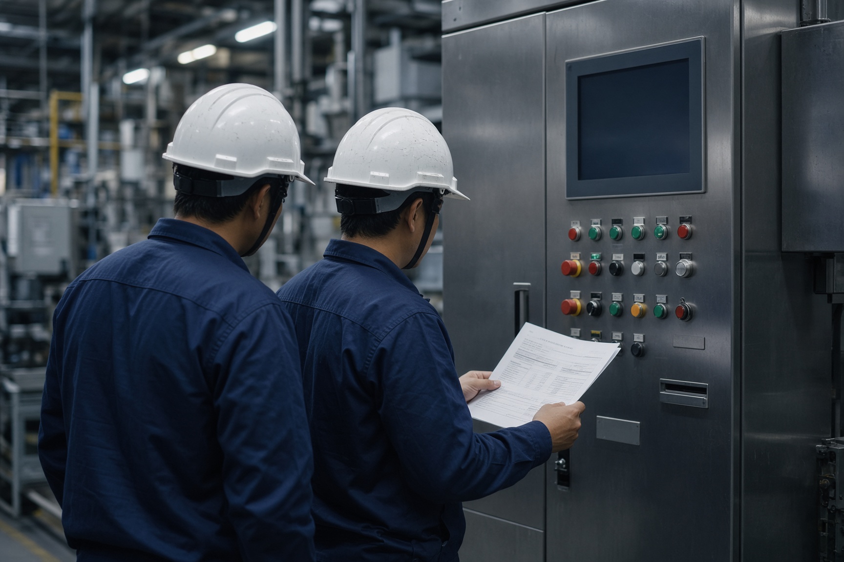 Controls engineers reviewing a panel on a factory floor