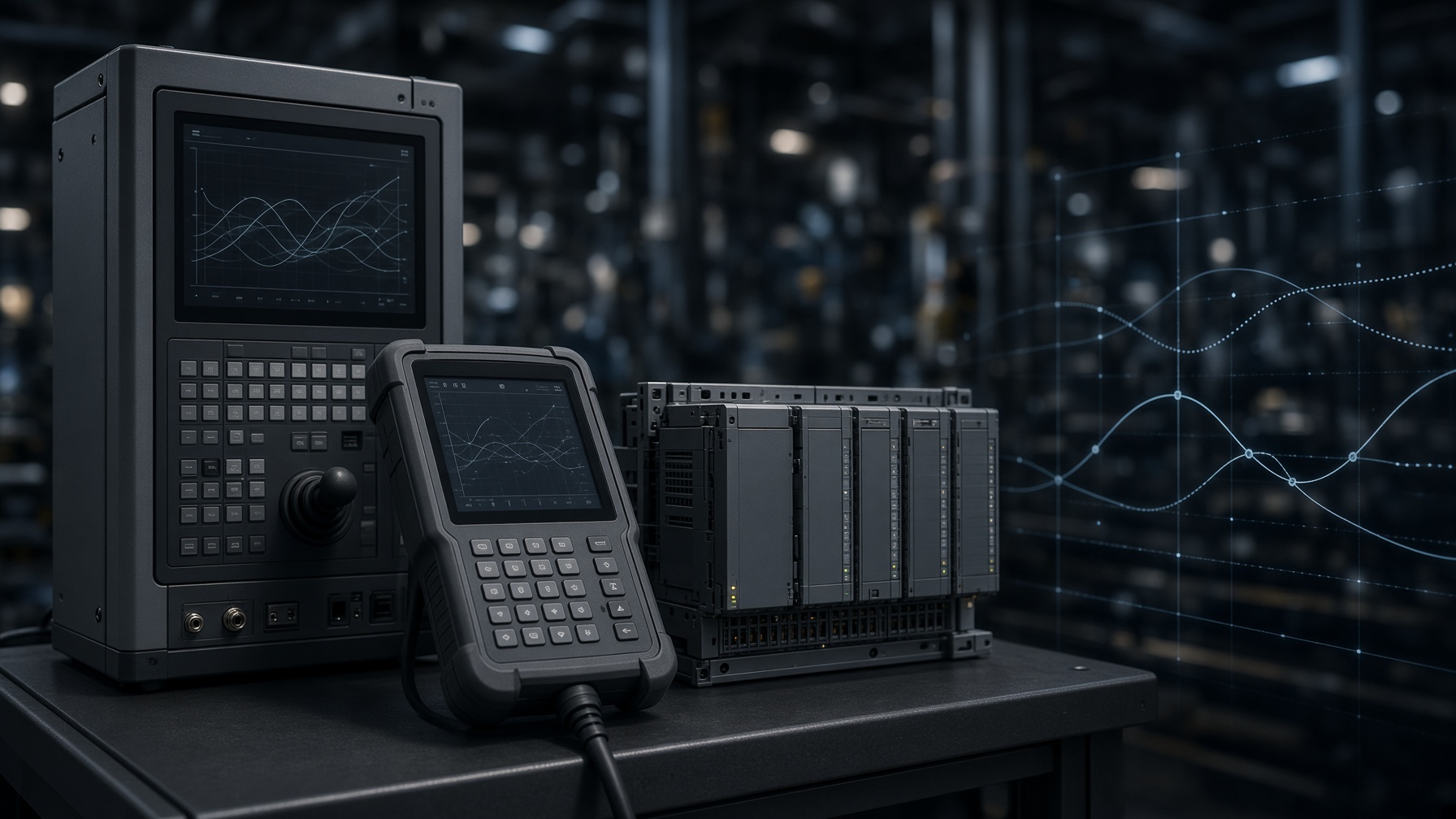 Robot controller and PLC rack with live process data in a darkened cell