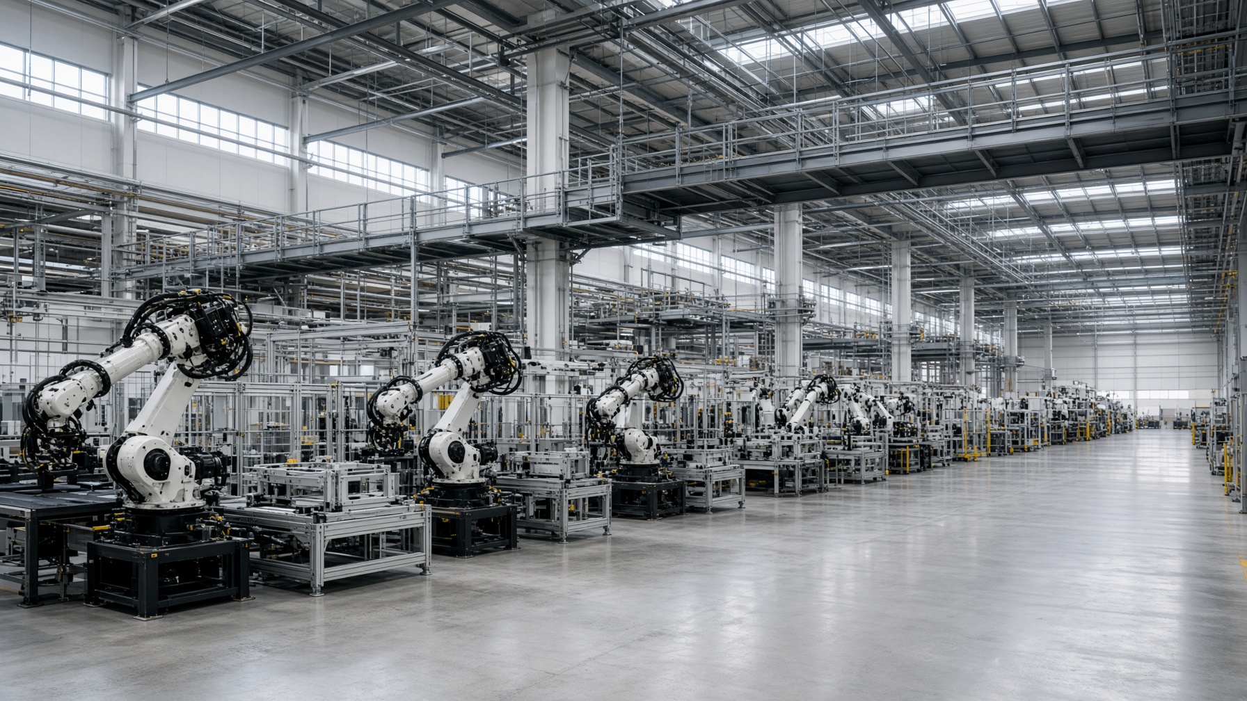 High-bay production floor with industrial robots