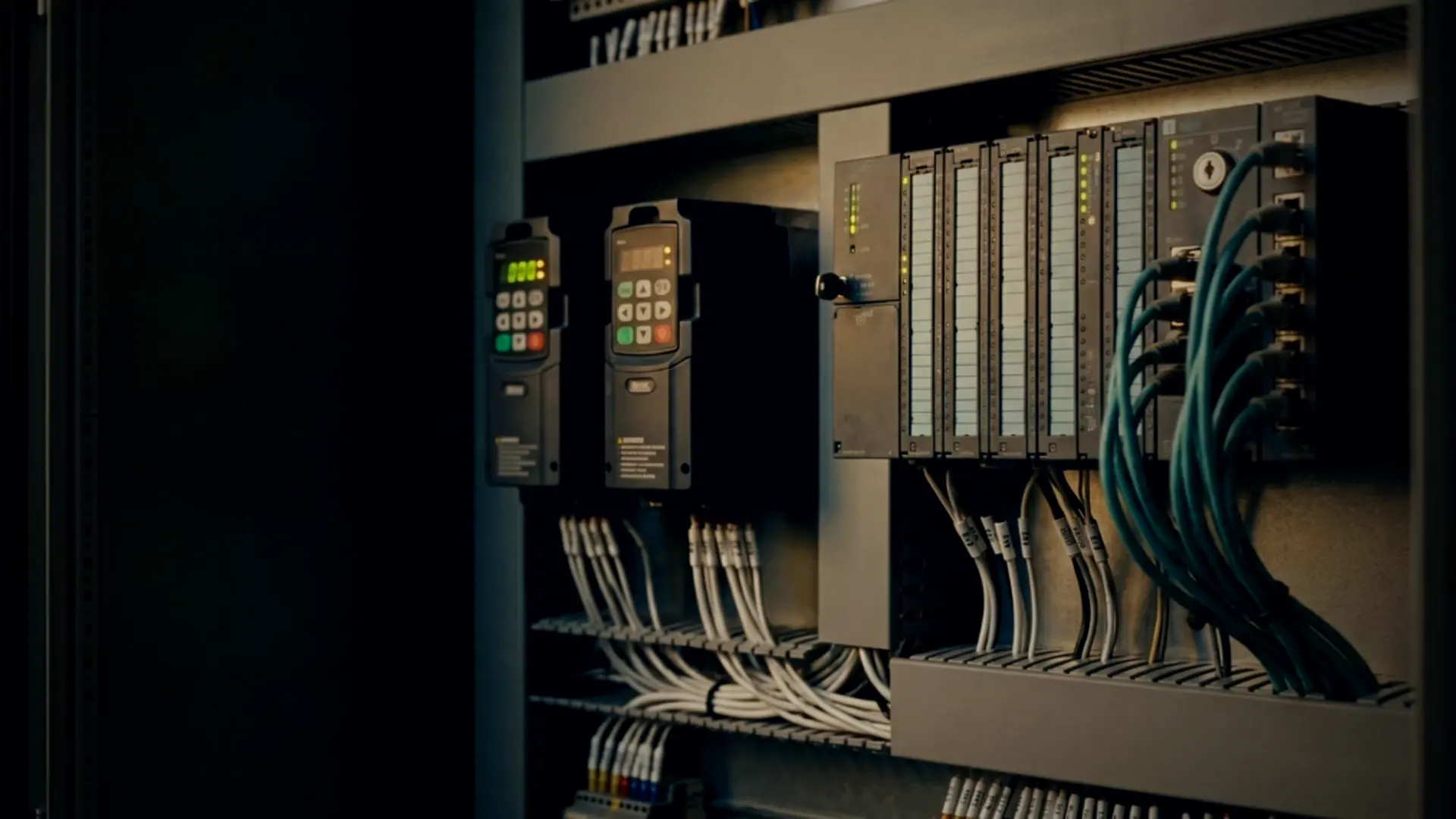 Chassis PLC and variable frequency drives in a control cabinet