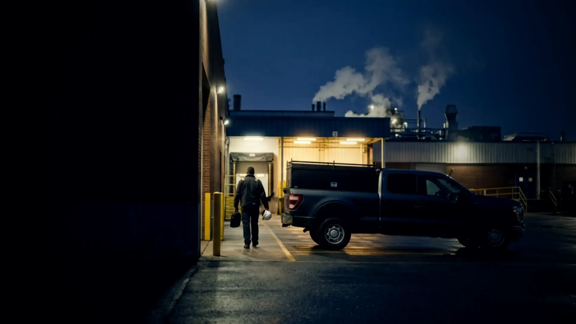 Service truck at a plant loading dock before dawn