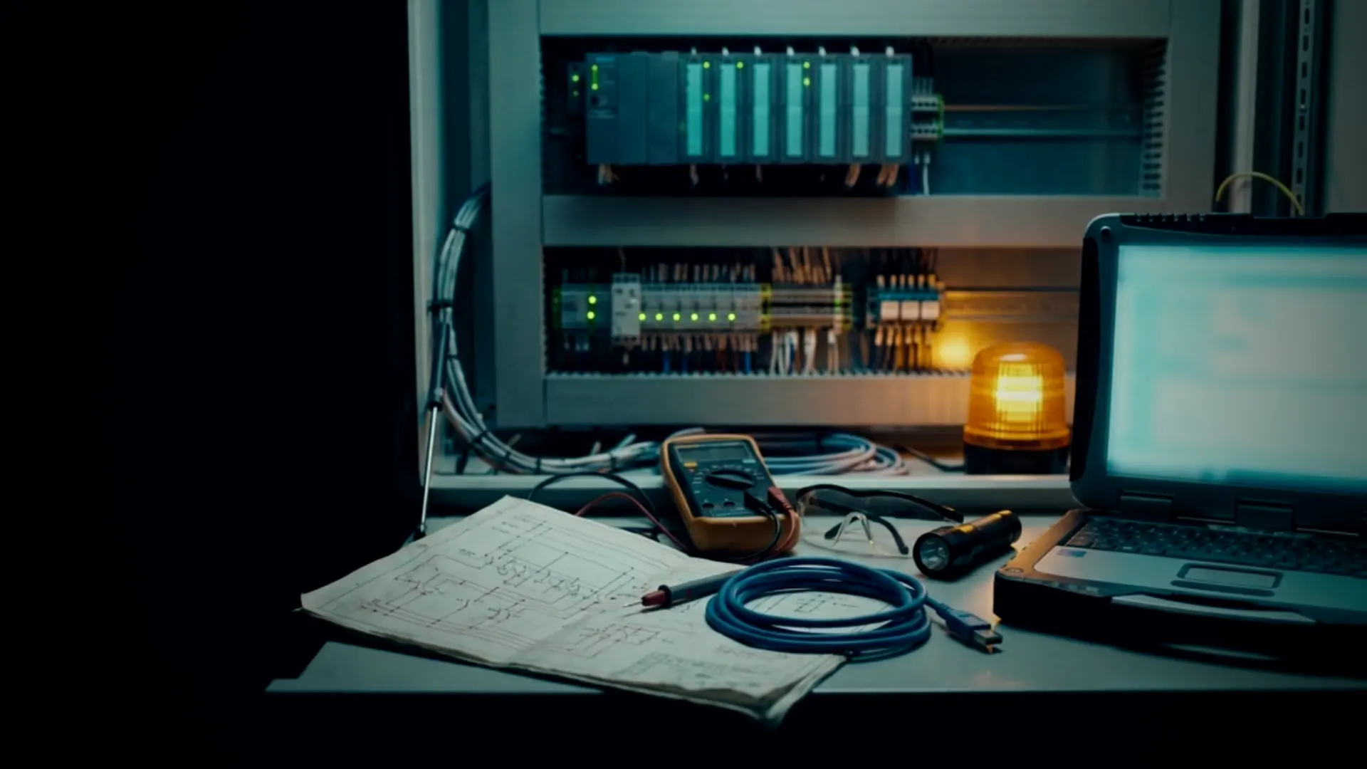 Laptop, schematic, and multimeter on a control cabinet shelf