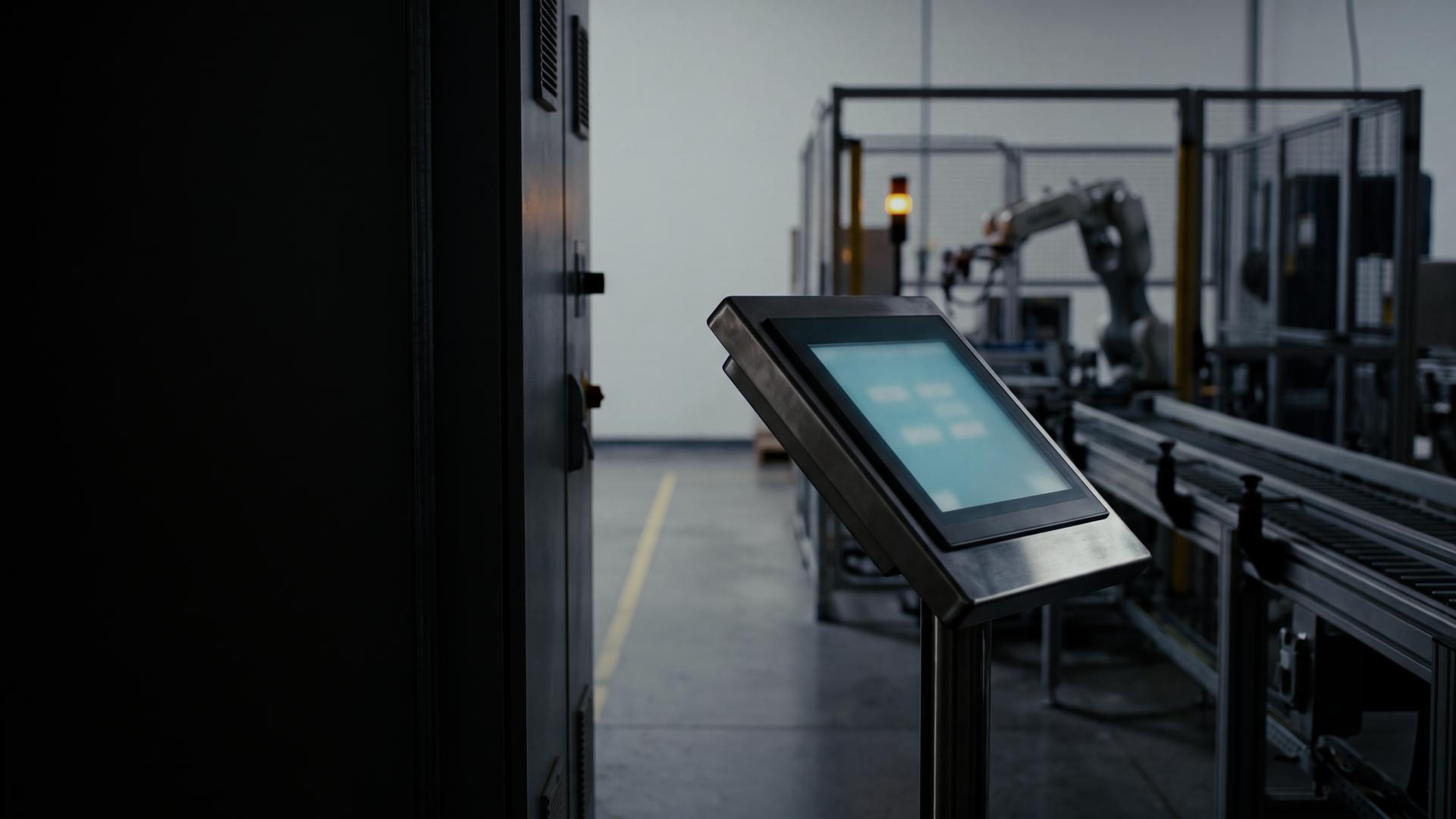 Stainless-steel touchscreen panel beside a conveyor line, with a guarded robot cell out of focus behind it