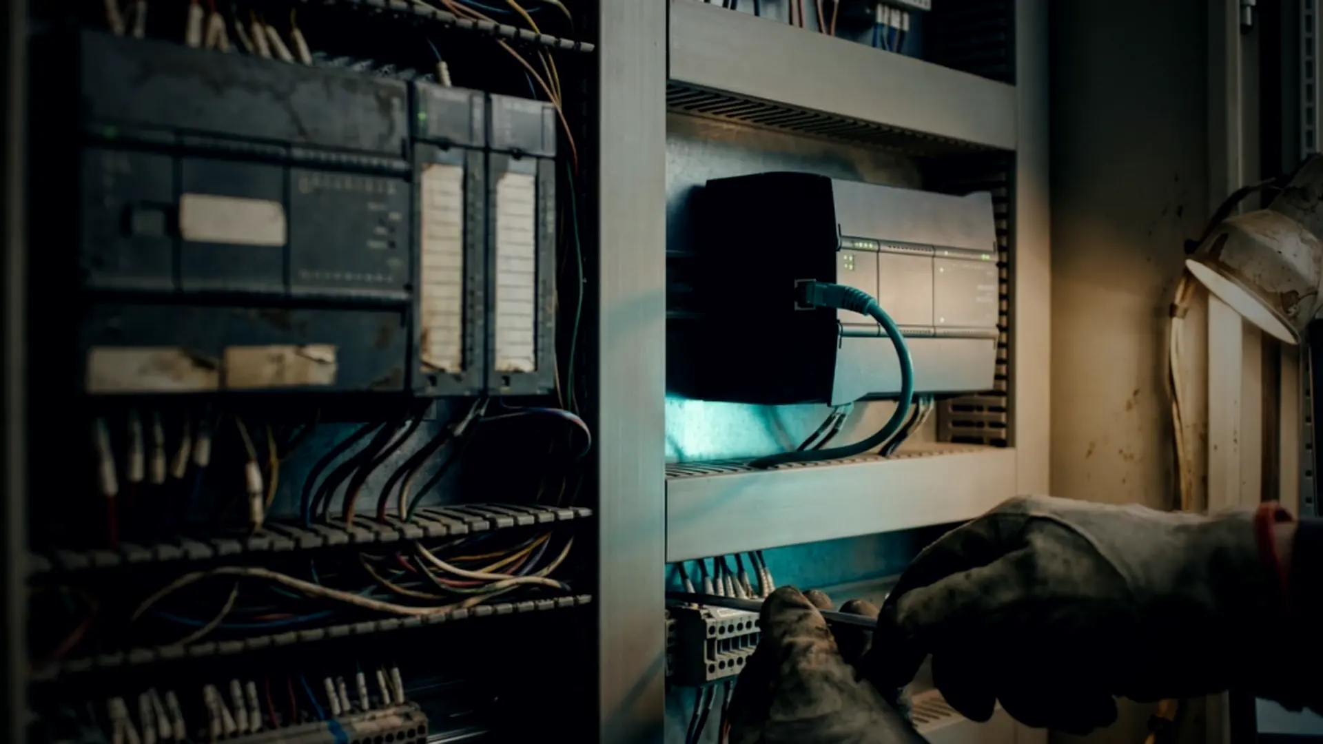 Legacy PLC chassis beside its new controller during a retrofit
