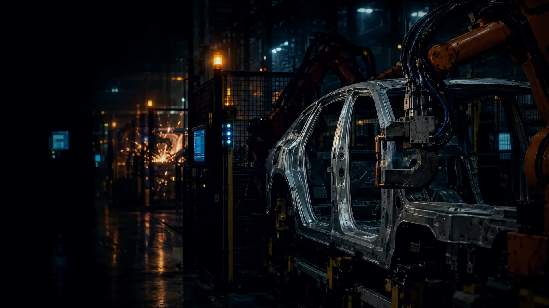 Robot weld gun beside a car body shell on a dark body-shop line