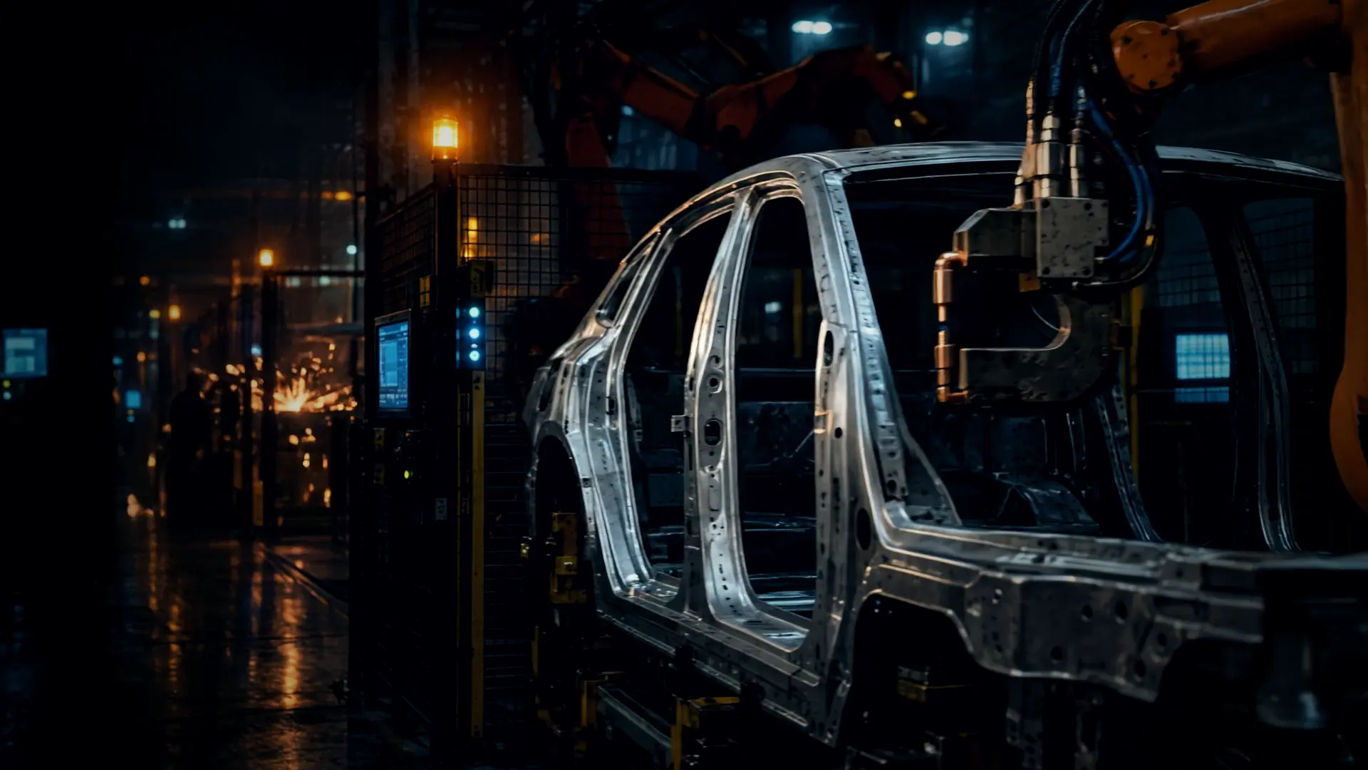Robot spot-weld gun moving in toward the car body pillar