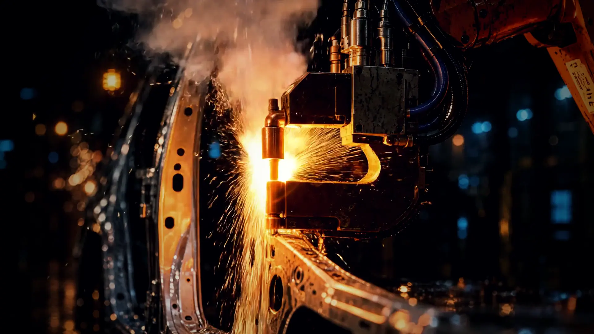 Spot-weld gun electrodes clamped on the car body pillar