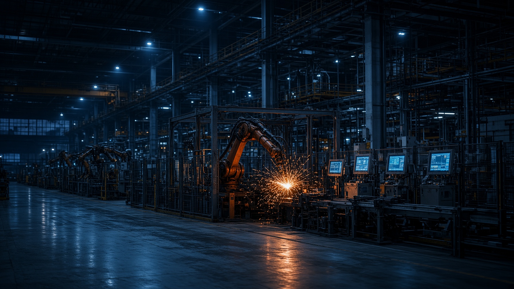 Automotive body-in-white on a skid conveyor, welded by industrial robots in a darkened plant