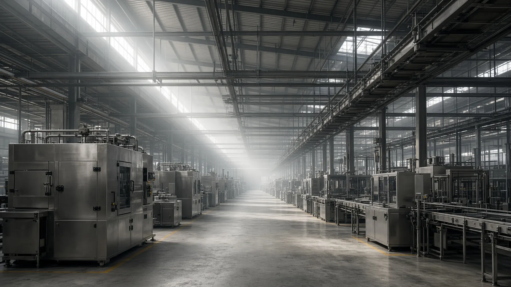 Production hall with machines and conveyors