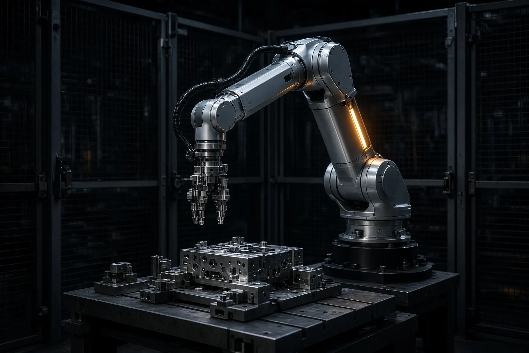 Industrial robot arm over a machined fixture