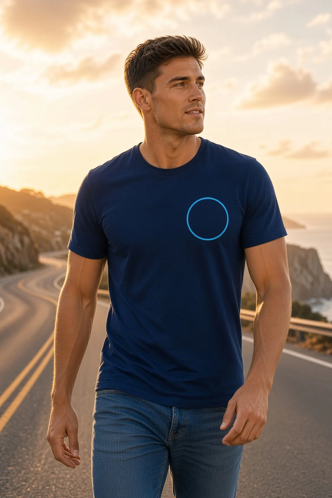 Man in a navy tee with a blue circle on the chest