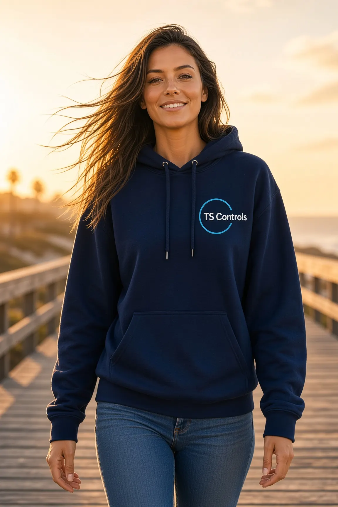 Woman in a navy TS Controls hoodie